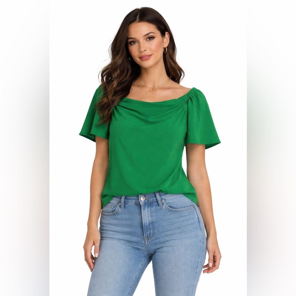 Green Ruched Blouse with Short Sleeves